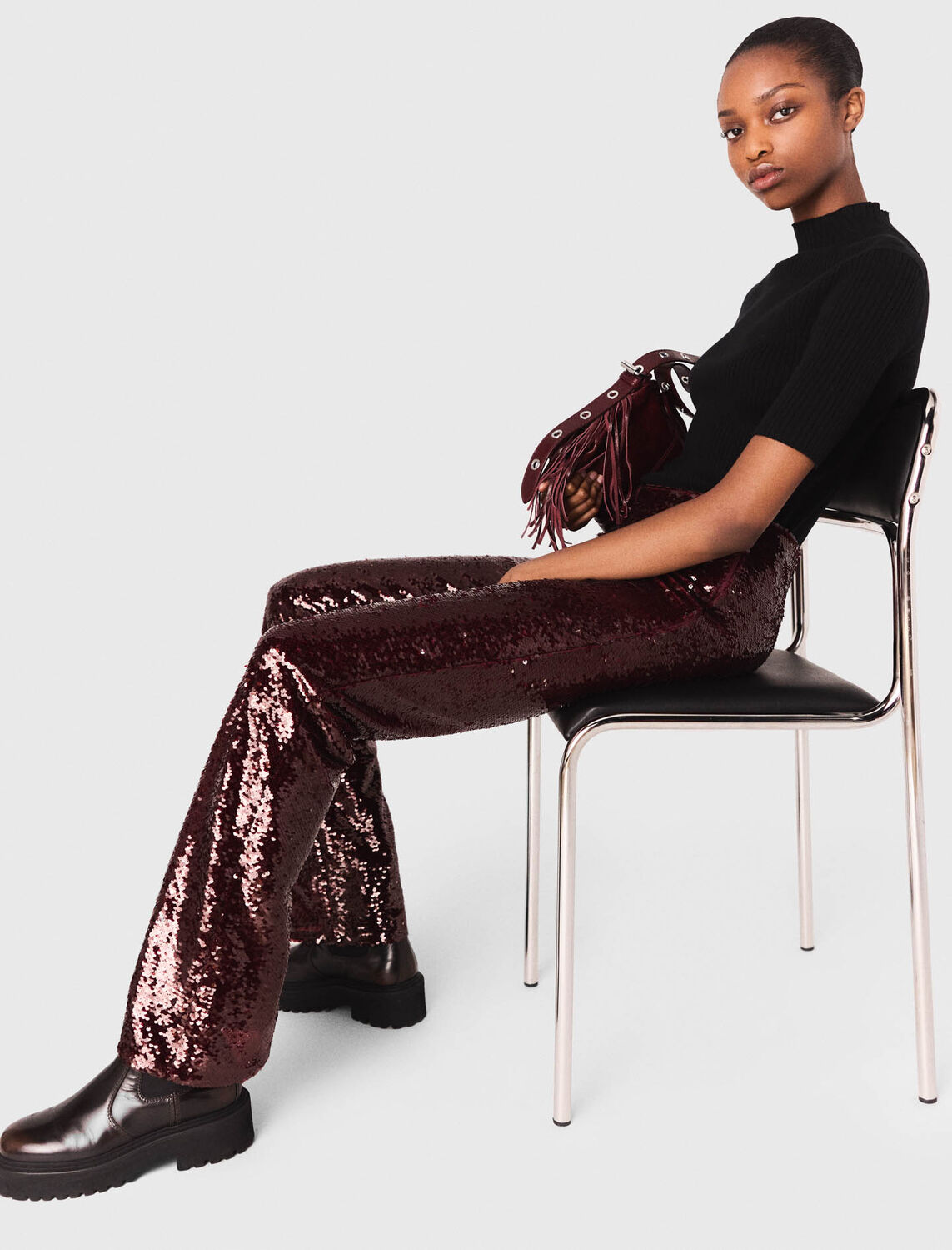 Sequin-embroidered trousers : Trousers & Jeans color Burgundy