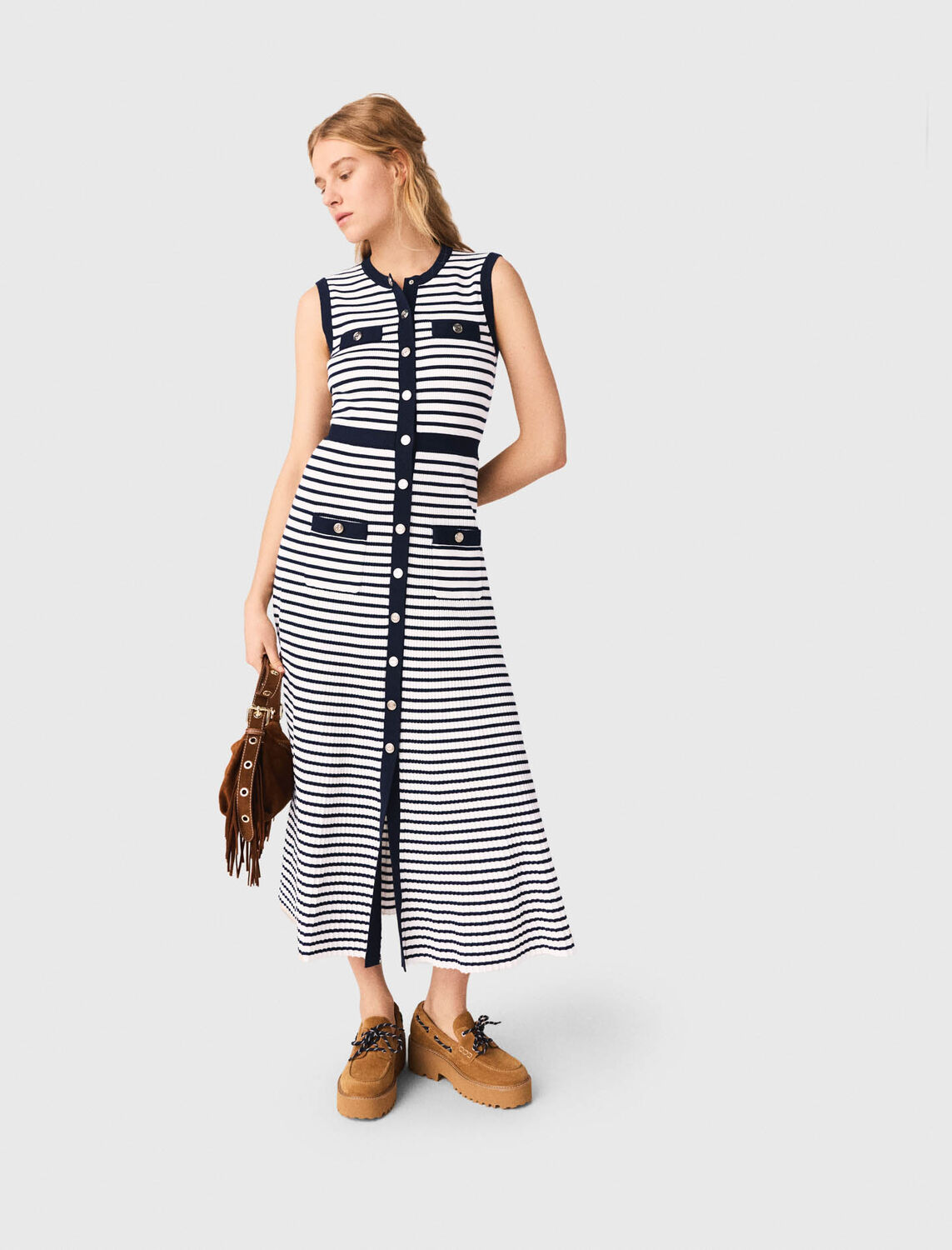 Breton stripe knit maxi dress : Dresses color Ecru/Navy Blue