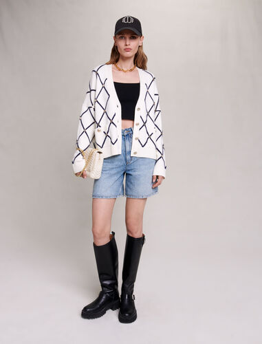 Diamond pattern knitted cardigan : Sweaters & Cardigans color Ecru