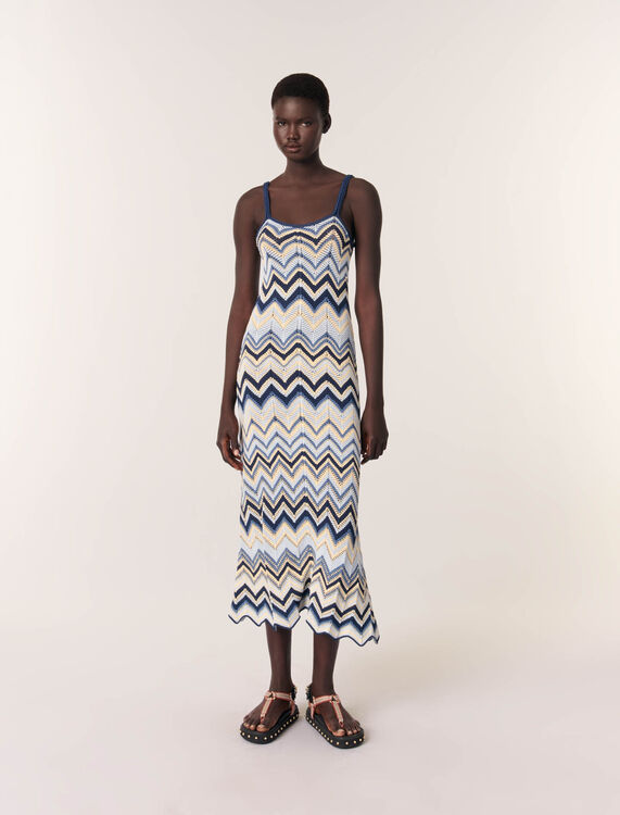 Crochet-knit maxi dress : Dresses color Blue / Ecru