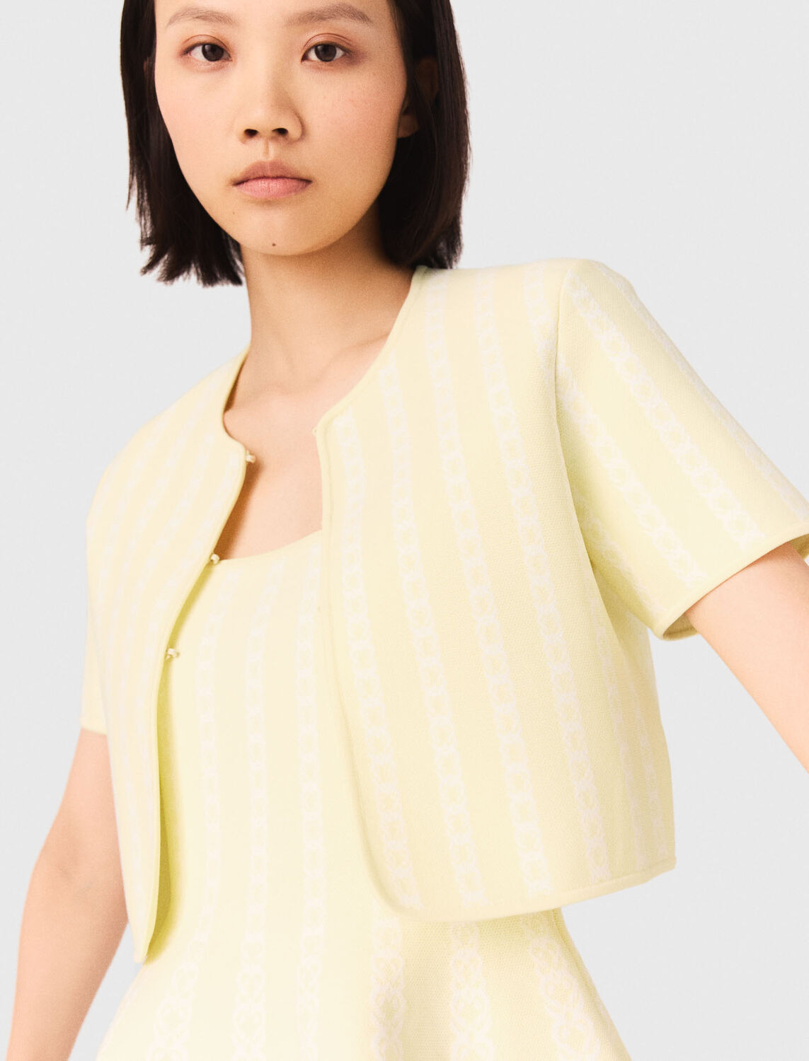 Cropped fancy knit cardigan : Sweaters & Cardigans color Pale Yellow
