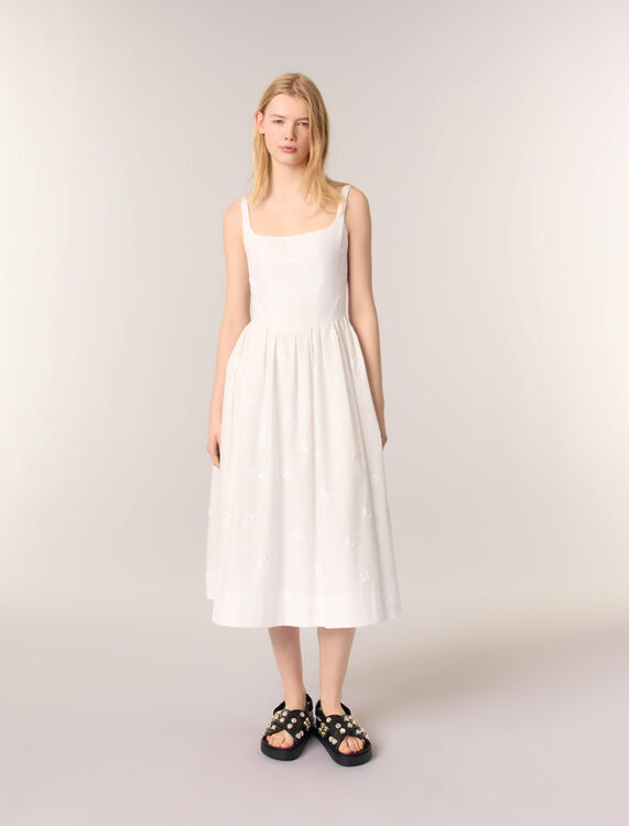 Embroidered cotton midi dress : Dresses color White