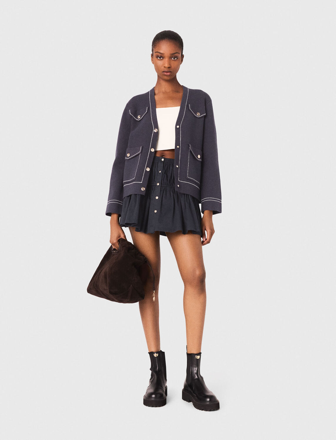 Long topstitched knit cardigan - Sweaters & Cardigans - MAJE