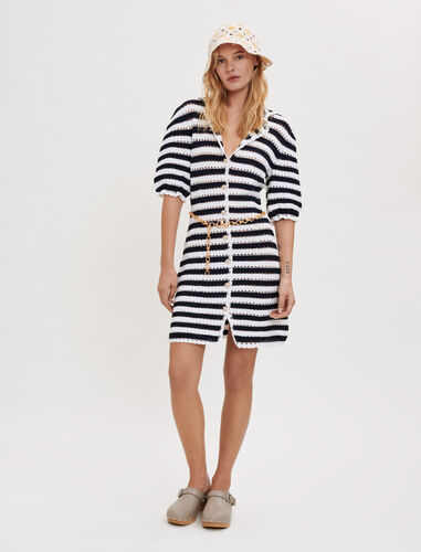 Striped crochet-effect dress : Dresses color Navy / Ecru