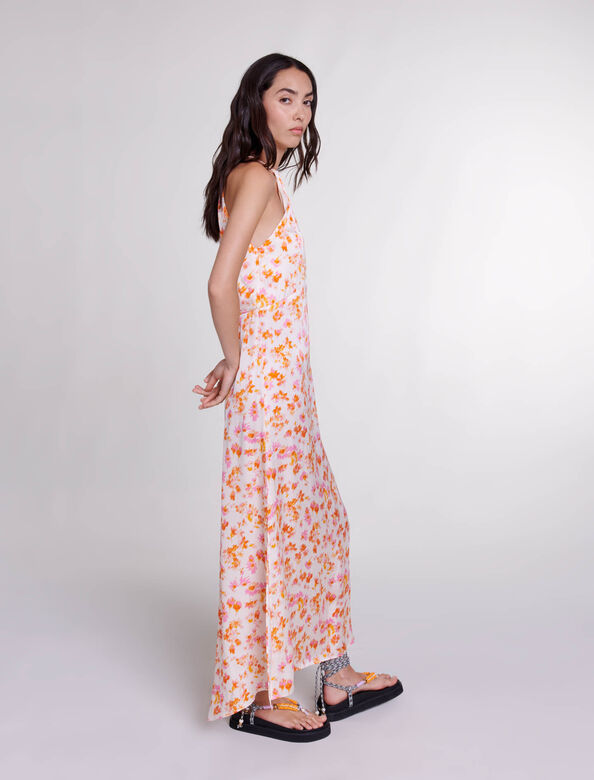 Floral satin-effect maxi dress : Dresses color sping orange flower print