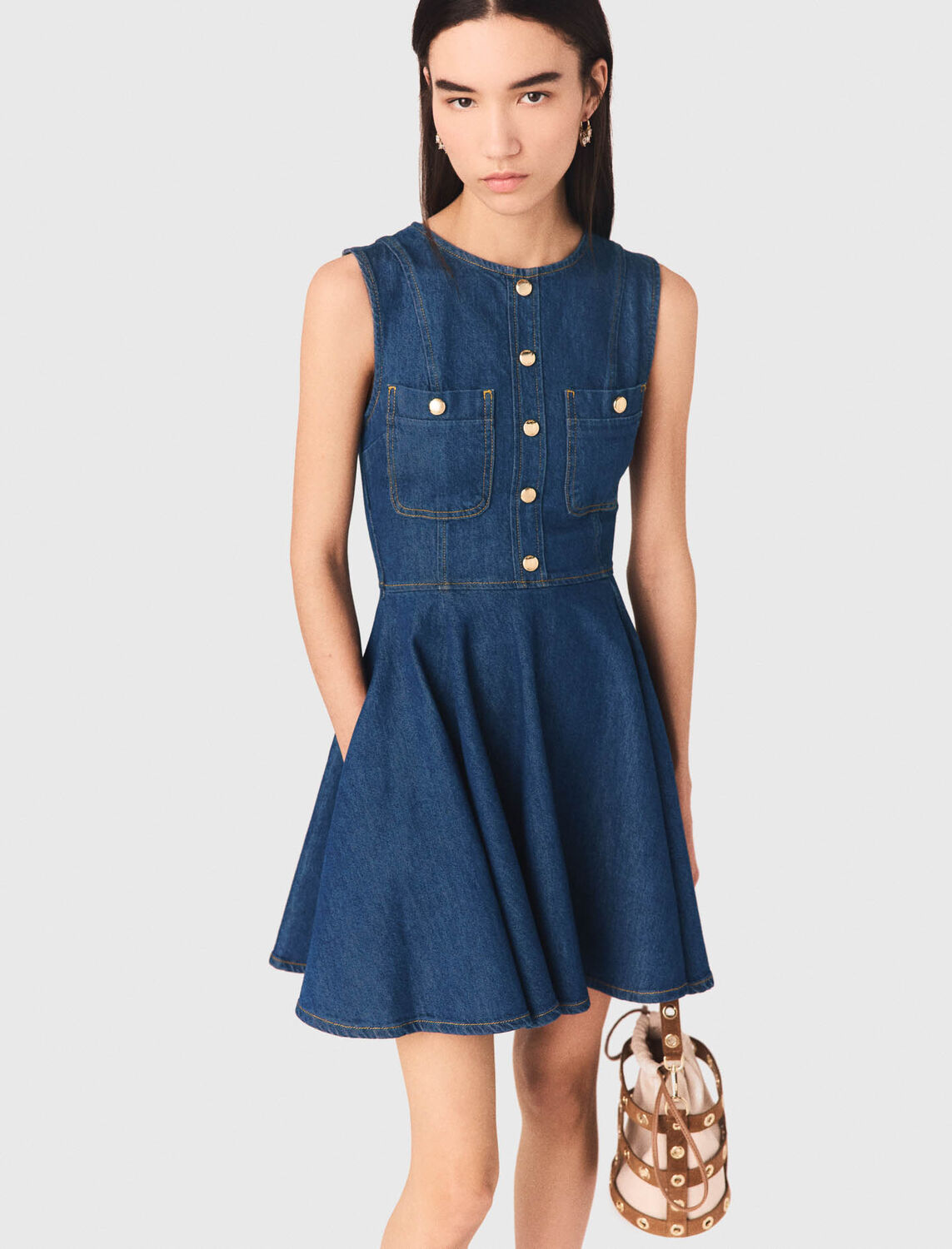 Short flared denim dress : Dresses color Navy