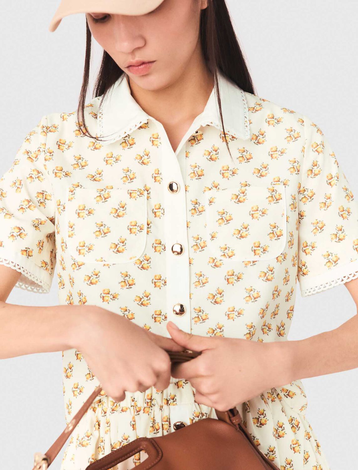 Patterned shirt with croquet trim : Shirts color Yellow Small Flowers Print