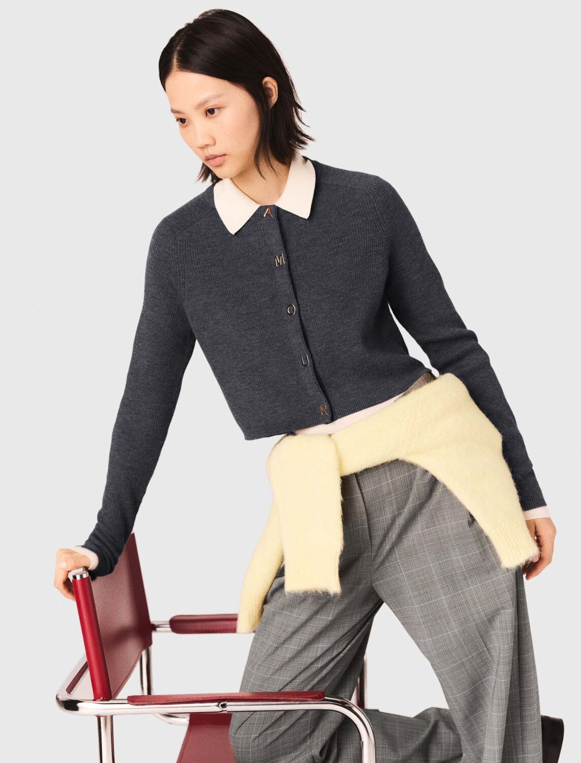 Round-neck rib knit cardigan : Sweaters & Cardigans color Grey