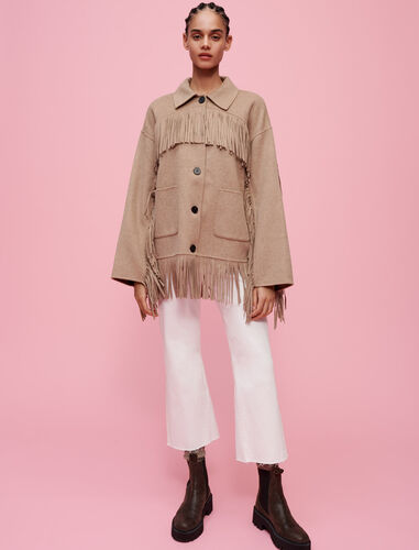 Double-faced coat with fringing : Coats & Jackets color Camel