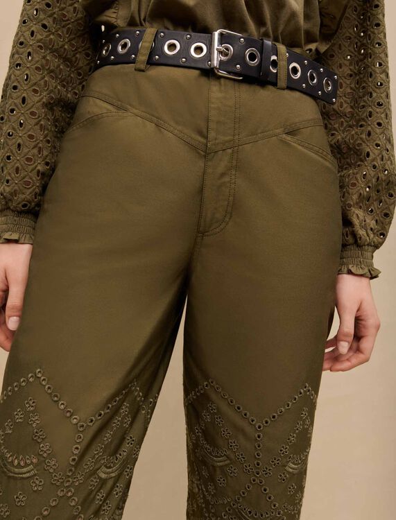 Embroidered cotton trousers : Trousers & Jeans color Khaki