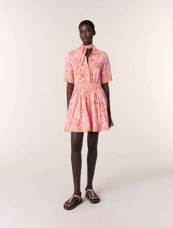 Short flowing patterned dress : Dresses color Orange Pink flowers print