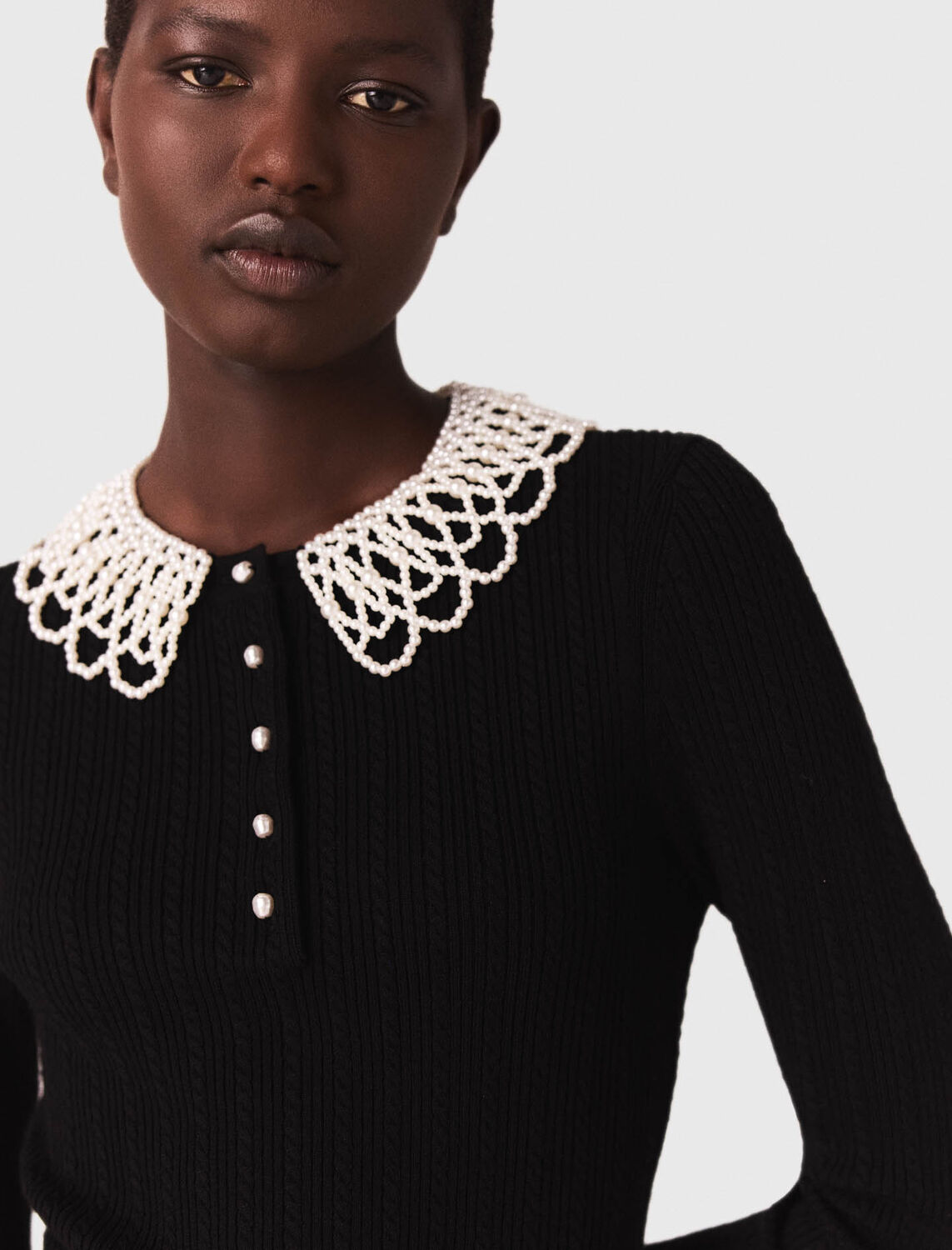 Short beaded-collar knit dress : Dresses color Black