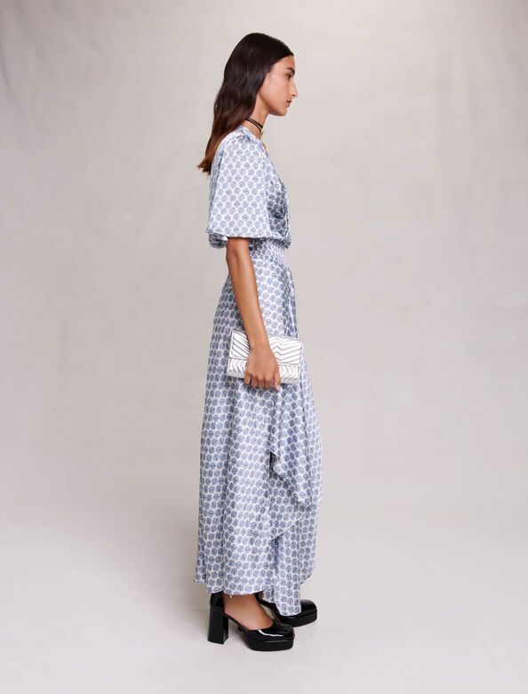 Long asymmetric satin dress : Dresses color Clover monogram ecru/blue