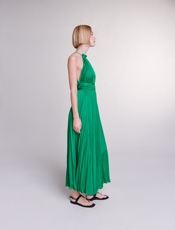 Pleated satin maxi dress : Dresses color Green