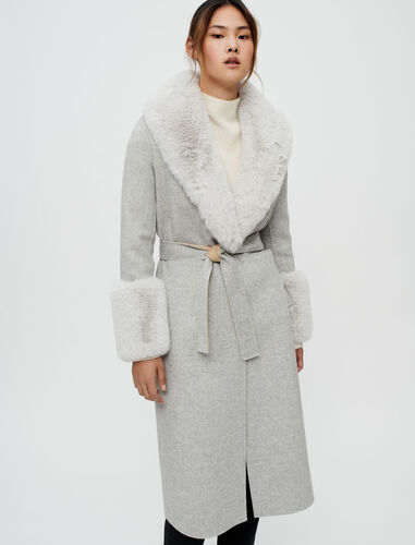 毛领束带长款大衣 : Coats & Jackets 顏色 灰色/米色/