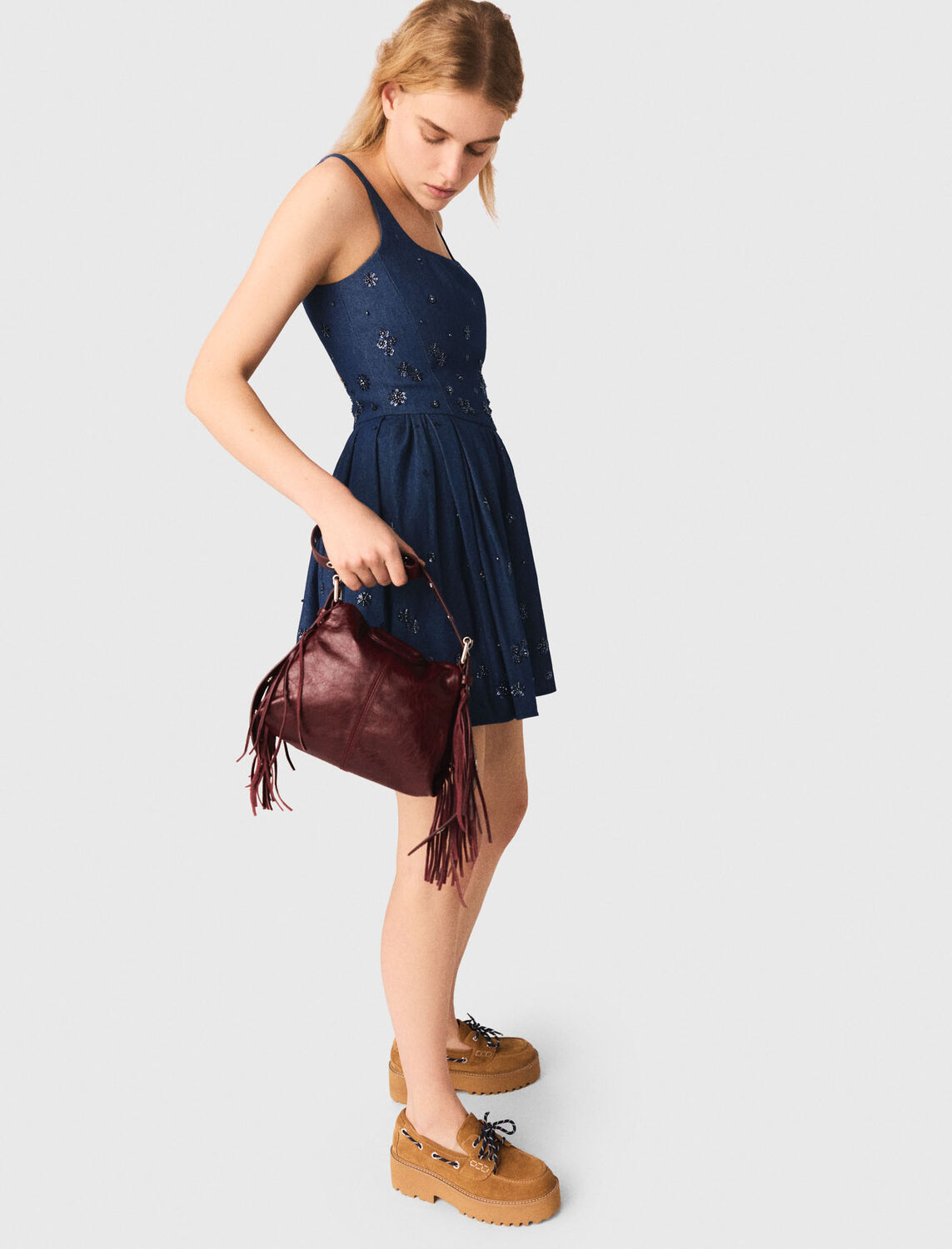 Flared embroidered denim dress : Dresses color Navy
