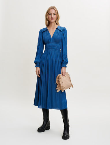 缎面花边褶皱连衣裙 : Dresses 顏色 蓝色/BLUE