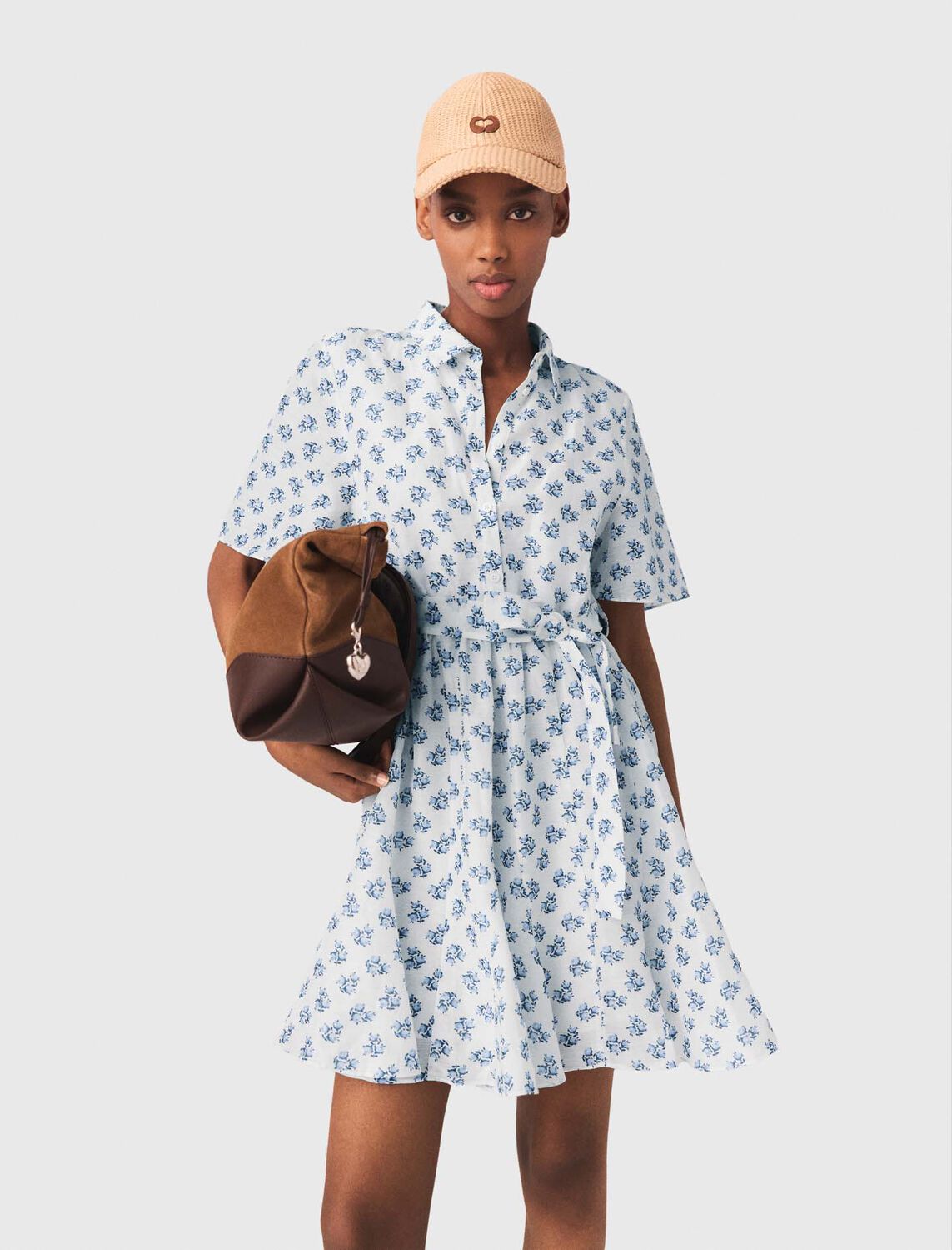 Short patterned linen-blend dress : Dresses color Blue Small Flowers Print