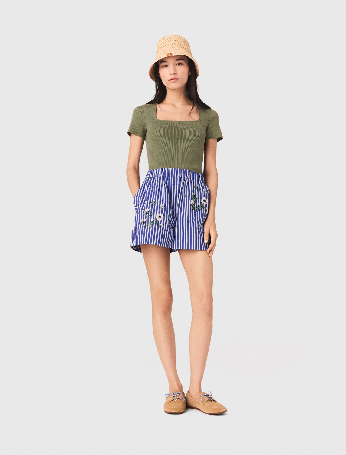 Embroidered striped cotton shorts - Skirts & Shorts - MAJE