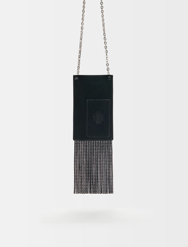 Leather phone bag with fringing : Small leather goods color Black