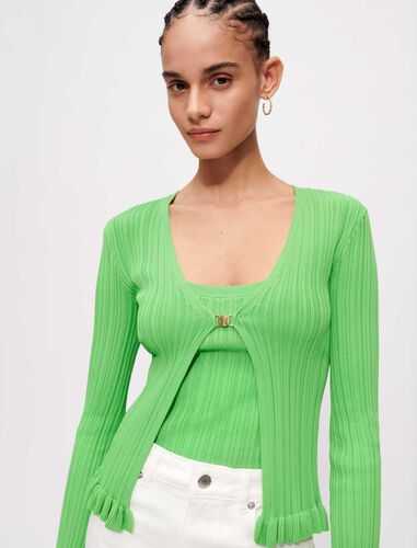 Ribbed knit cardigan with frill : Sweaters & Cardigans color Green