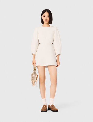 Short balloon-sleeve tweed dress : Dresses color Ecru