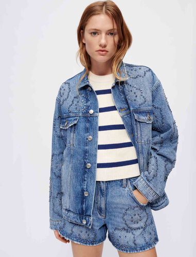 Wide denim jacket with rhinestones : Blazers color Blue