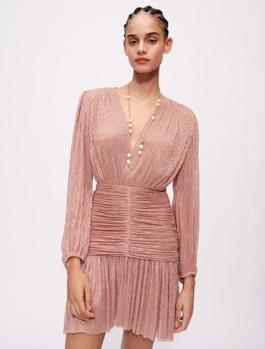 V领收腰褶皱连衣裙 : Dresses 顏色 粉色/PINK