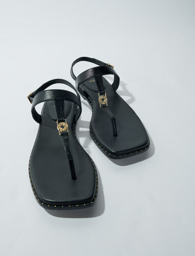 Flat leather strap sandals : Sling-Back & Sandals color Black