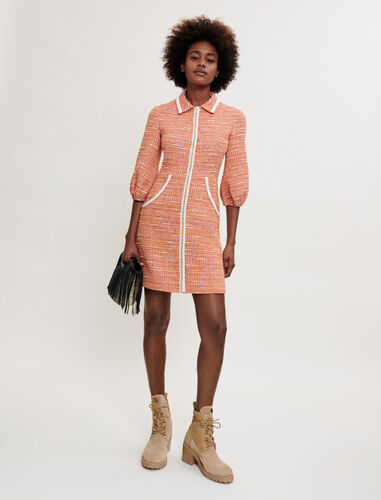 Tweed dress with braided trim : Dresses color Orange